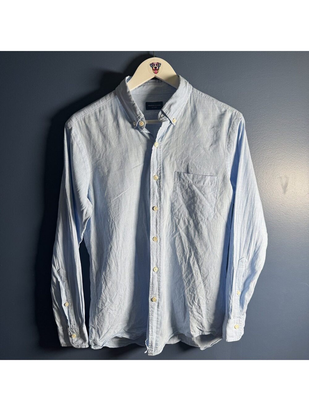 Proper Cloth Men's Custom Button Down Shirt Light Blue Check Linen Blend Aprx S